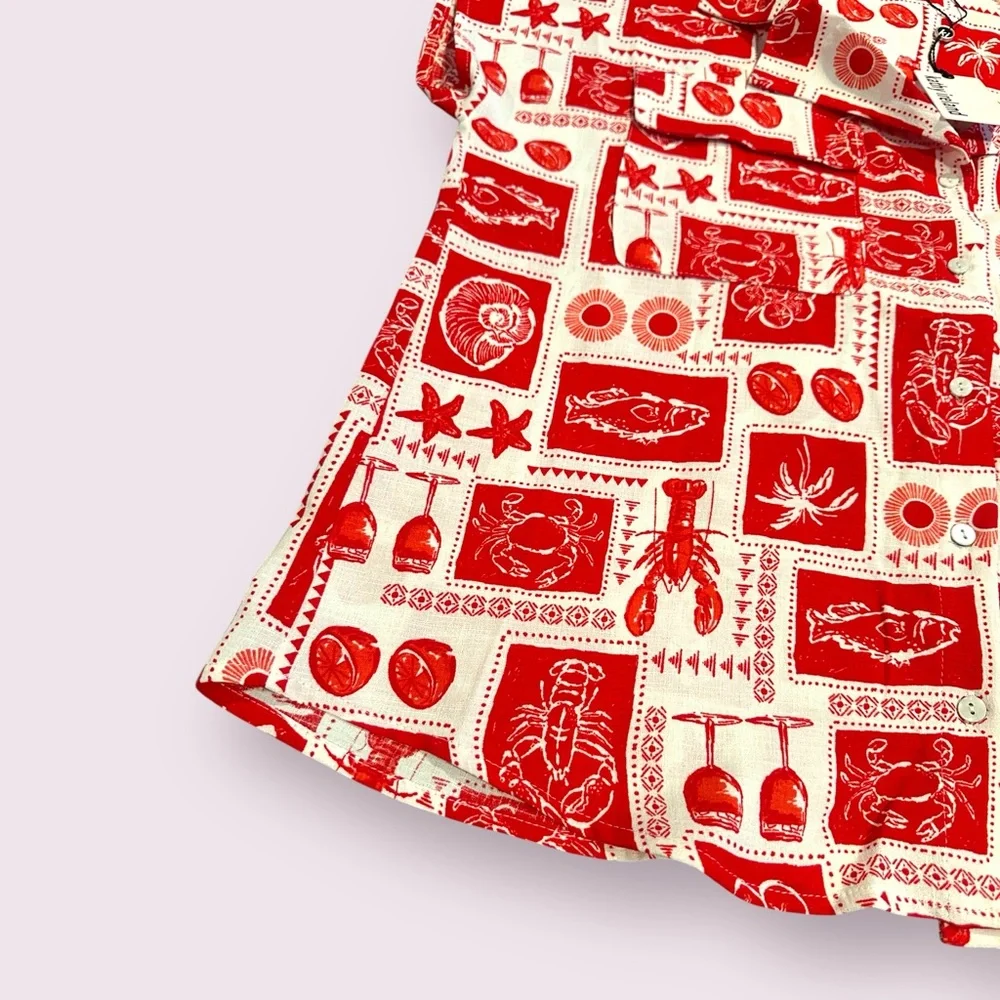 Kathy Ireland Red and White Nautical Lobster Seafood Patterned Shirt - Picture 2 of 7